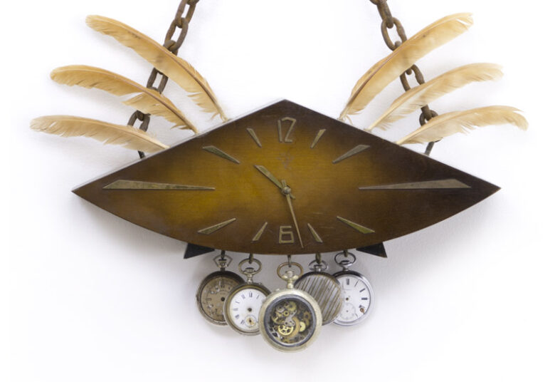 Aged breast decoration, 2018., wood, iron, brass, feather, &c., mixed media, 55 x 45 cm