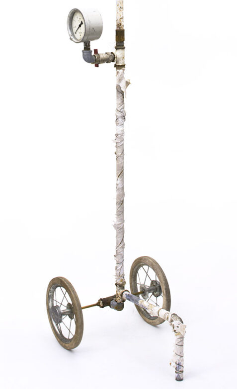 Running time, 2018., iron, wood, textile, clock, mixed media, 221 x 40 x 50 cm