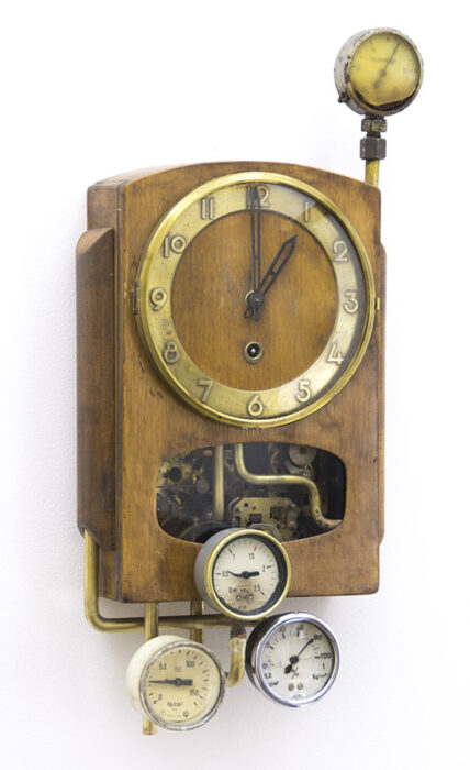 Steam clock, 2018., wood, iron, brass, clockwork, clock &c., mixed media, 49 x 23 x 11,5 cm