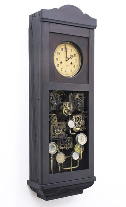 Hommage à J. Verne, 2018., wood, iron, brass, clock works, clock, mixed technique, 98 x 34 x 14,5 cm