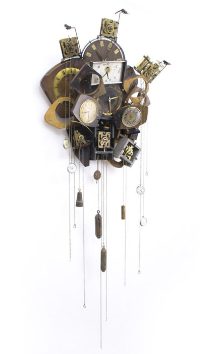 Cuckoo, 2018., wood, iron, brass, clockwork, clock &c., mixed media, 190 x 70 x 17 cm