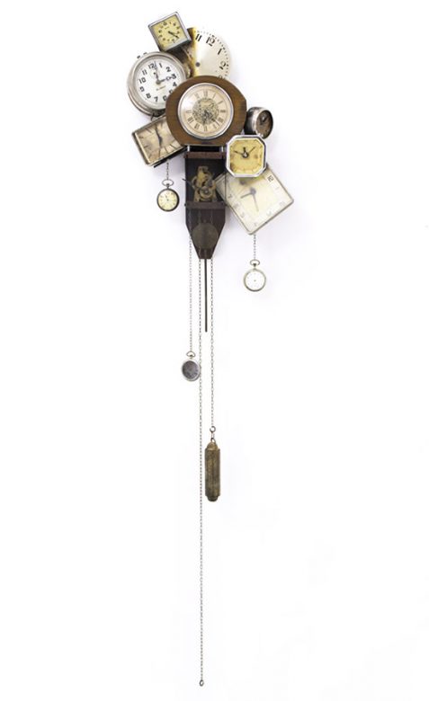 Moscow time, 2018, wood, iron, brass, clock movements, clock, mixed media, 150 x 35 x 10 cm