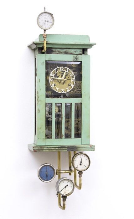 Free time, 2018., wood, iron, brass, clockwork, clock &c., mixed media, 66 x 21 x 15,5 cm