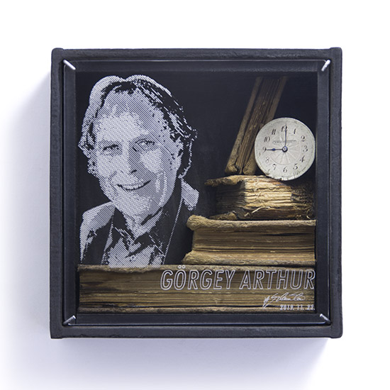 Arthur is 90 years old, 2019., wood, plexi, clockwork, paper &c., mixed media, 120 x 120 x 50 mm