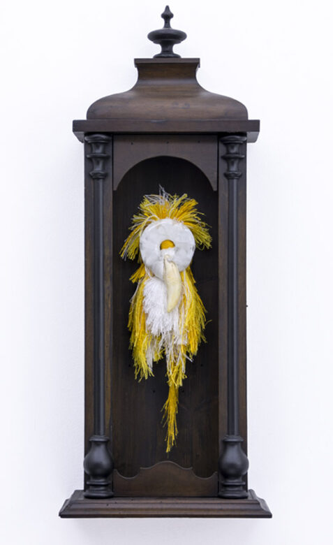 Homemade altar, 2019., glass, wood, lion fang , textile, mixed media, 70 x 28,5 x 15 cm