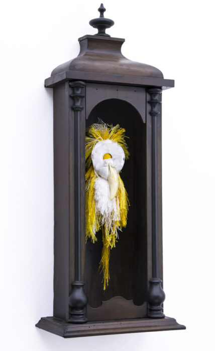 Homemade altar, 2019., glass, wood, lion fang , textile, mixed media, 70 x 28,5 x 15 cm