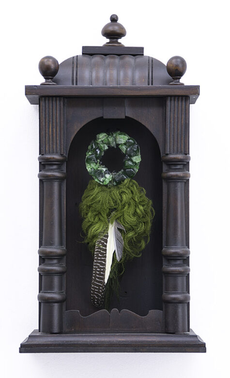 Homemade altar, 2019., glass, wood, textile, feathers, mixed media, 50 x 26,5 x 25,5 cm