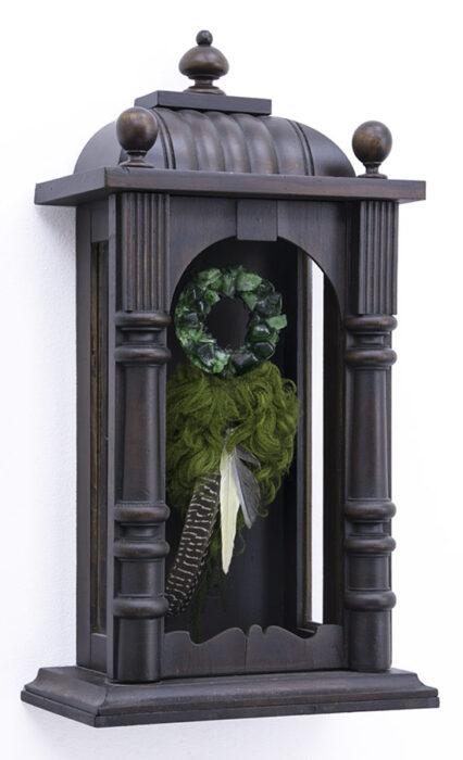 Homemade altar, 2019., glass, wood, textile, feathers, mixed media, 50 x 26,5 x 25,5 cm