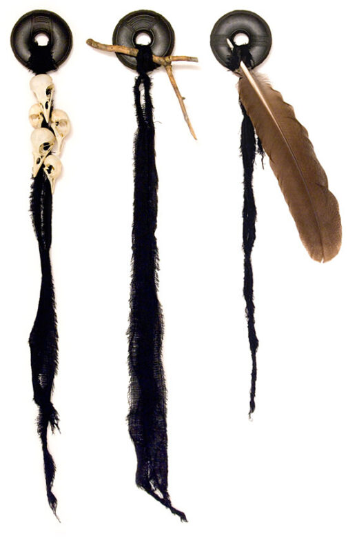 Cultic proto-money I-III., 1997., ceramics, pigeons and magpies skulls, textile, wood, feather, textile, mixed media, 640 x 80-, 640 x 150-, 500 x 130 mm