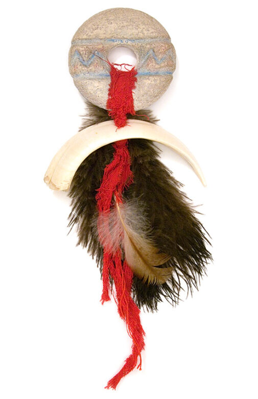 Cultic proto-money, 1997., ceramics, feather, wild boar's tusk &c., mixed media, 280 x 120 mm