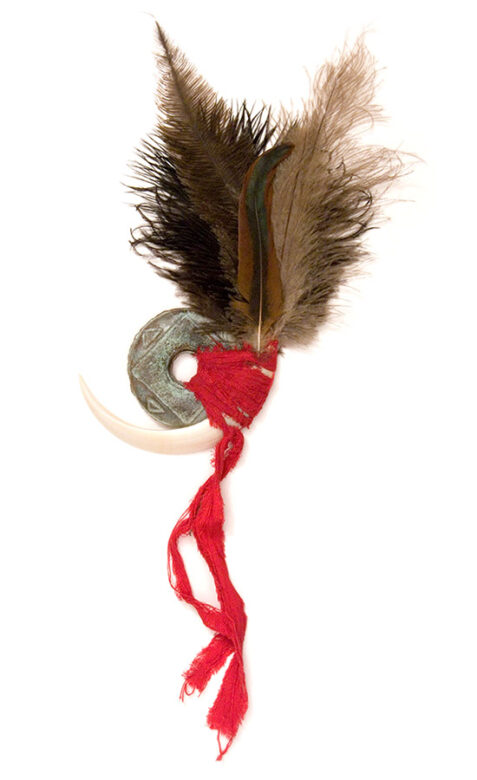 Cultic proto-money, 1997., ceramics, feather, wild boar's tusk &c., mixed technique, 500 x 180 mm