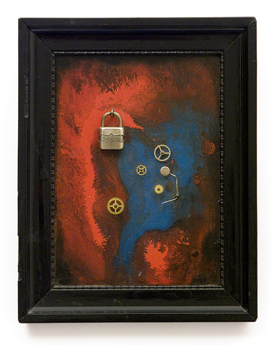 Cím nélkül, 1980., fa, óraalkatrészek, assamblage, 32 x 25 cm