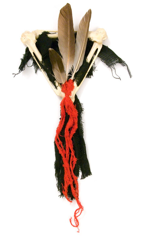 Cultic proto-money, 2003., bone, feather, textile etc., mixed media 330 x 130 mm