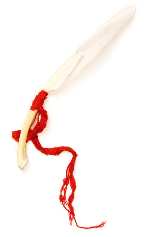 Cultic proto-money, 2003., bone, feather, textile &c., mixed media, 600 x 100 mm