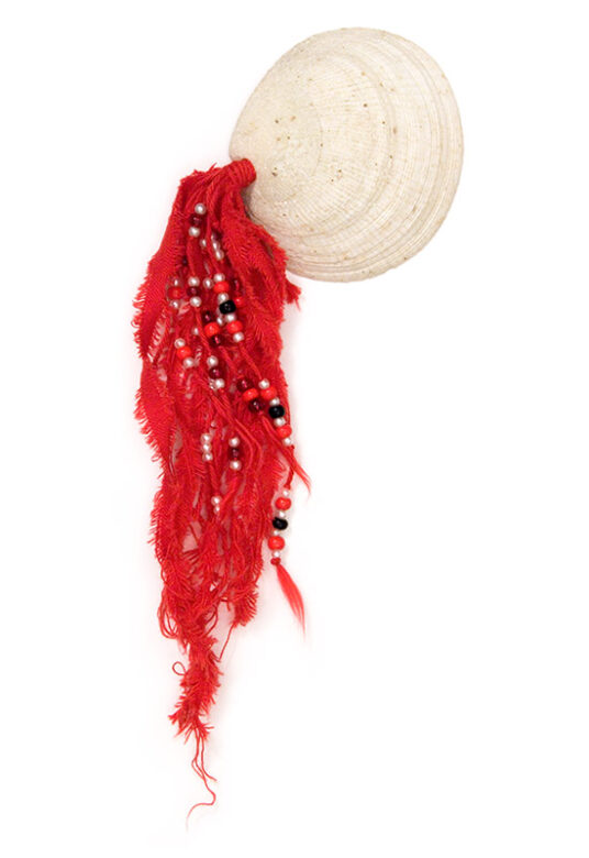 Cultic proto-money, 2003., shell, beads, textile &c., mixed media, 205 x 100 mm