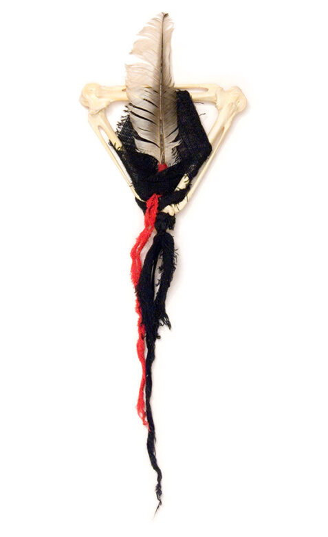 Cultic proto-money, 2003., bone, feather, textile &c., mixed media, 380 x 125 mm