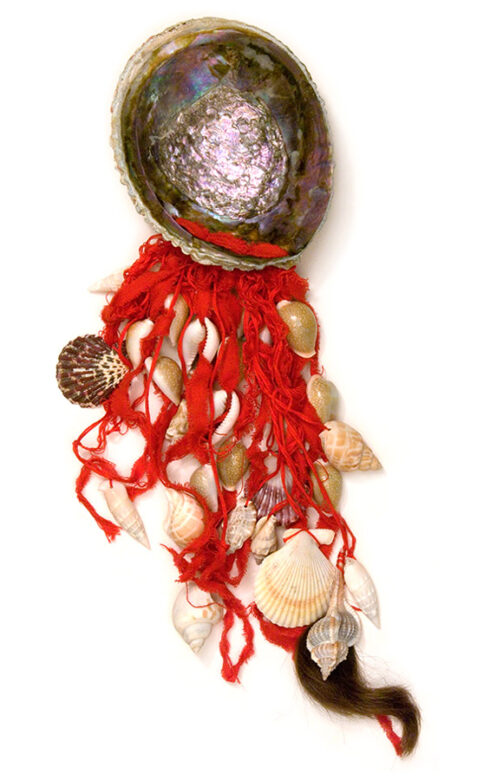 Cultic proto-money, 2004., shell, textile, hair, mixed media, 430 x 150 mm