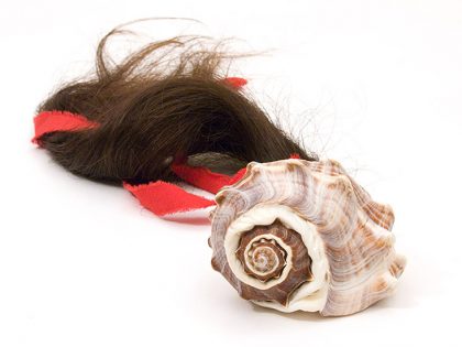 Cultic proto-money, 2004., shell, textile, hair, mixed media, 540 x 170mm