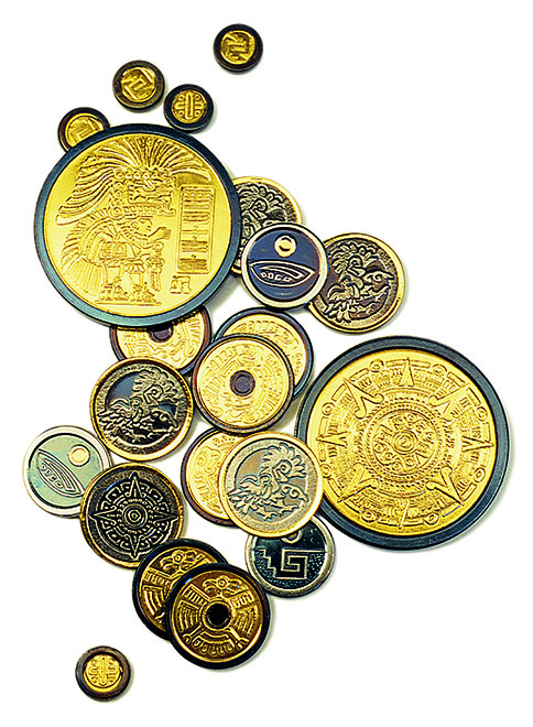 Amerindian coins I-V., obverse - reverse, 1993, brass, iron, struck, 11-, 18-, 21-, 21-, 43 mm