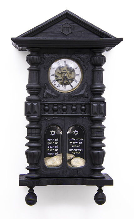 Time of Kaddish, 2022, wood, clock, gravel &c., mixed media, 80 x 44 x 17cm