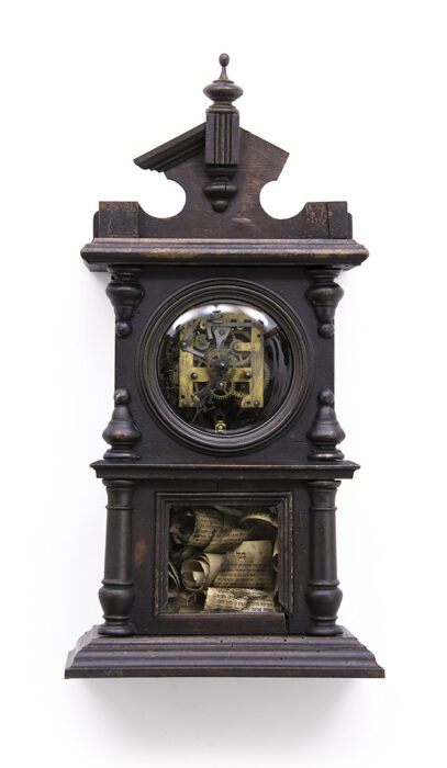 Grandfather's Watch, 2021, wood, glass, clockwork, paper, mixed media 51 x 26 x 15 cm