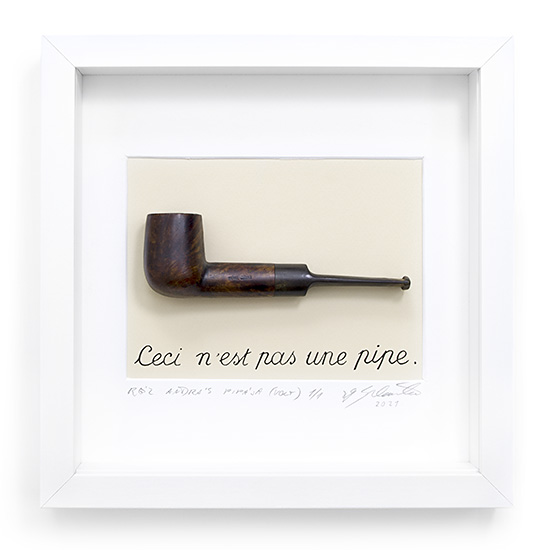 This is not pipe - András Réz's pipe (former), 2021, wood, paper, pipe, &c., mixed media, 25.5 x 25.5 cm frame