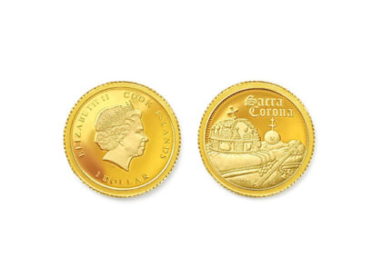 Sacra Corona - commemorative coin, 2015, gold, minted, 11mm, reverse: László Szlávics Jr., issuer: Cook Islands