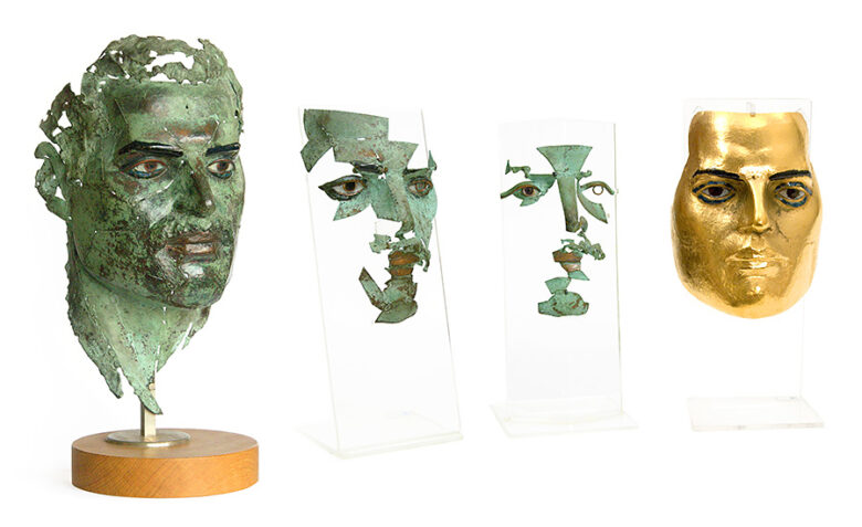 Metamorfózis - Hommage à F. M., 1992., vörösrézlemez, aranyozva, tűzzománc stb., 40-, 34-, 32,5-, 34 cm